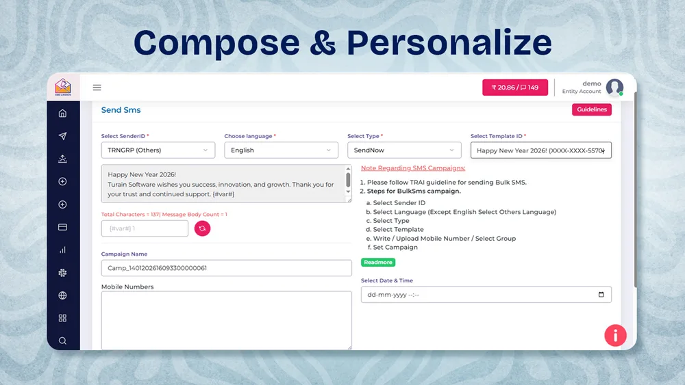 Compose screen showing SMS message editor and recipient options
