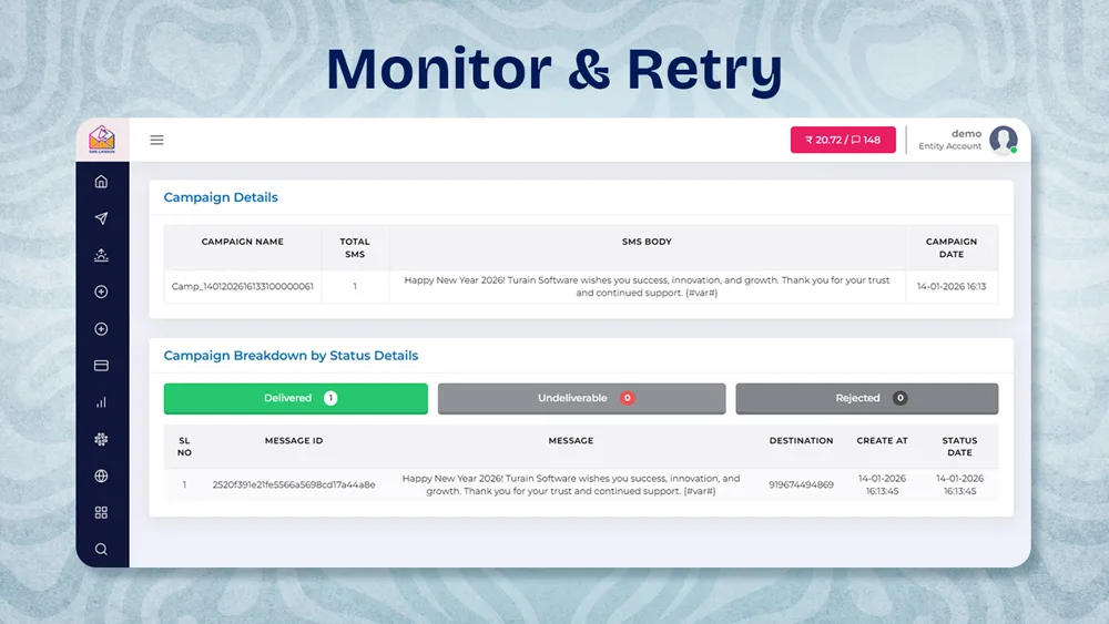 Campaign report screen showing delivered and undelivered message status