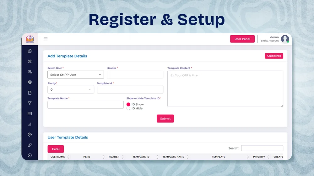 Dashboard screen showing Register & Setup with template details form