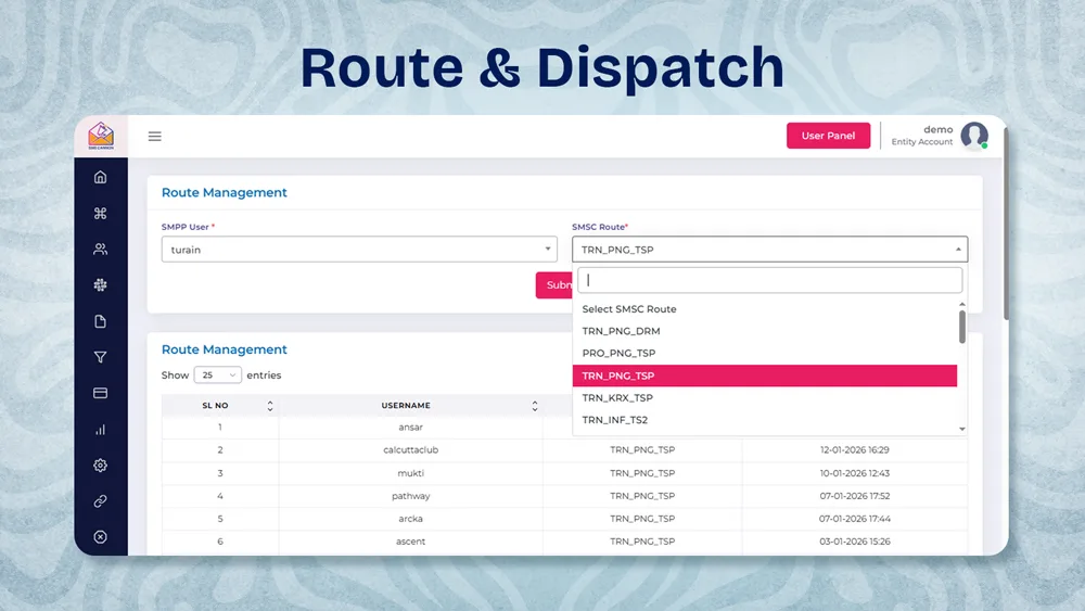 Settings screen showing route selection and sender configuration options