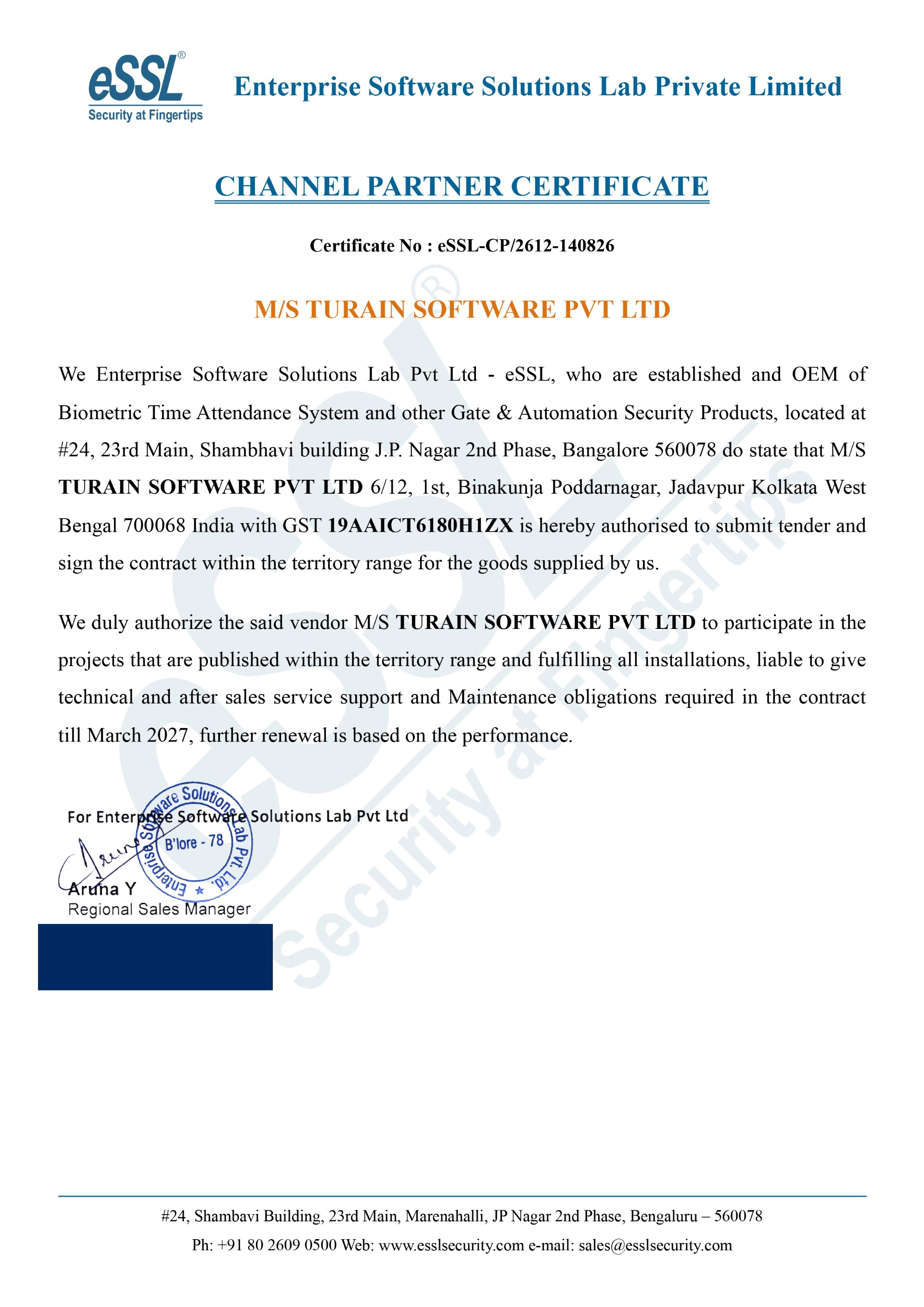 eSSL Channel Partner Certificate awarded to Turain Software Pvt. Ltd.