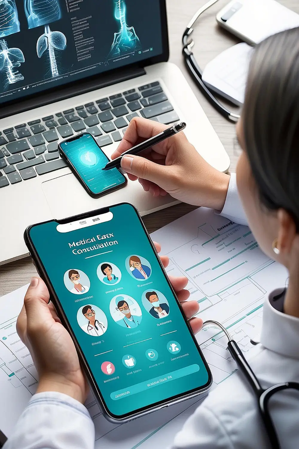 Healthcare mobile and web app development illustration for patients and clinicians