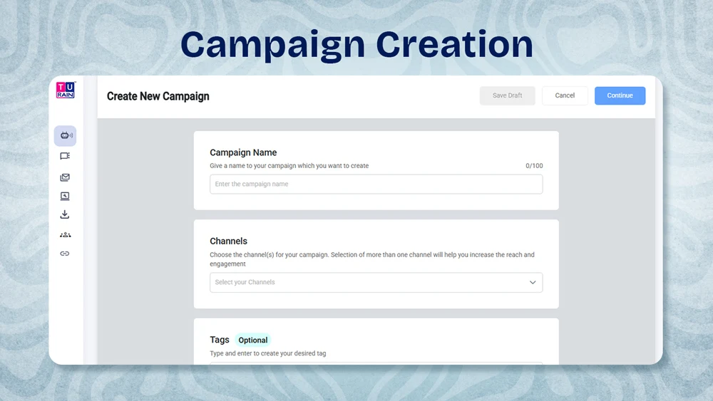 Screenshot of the RCS platform campaign creation form with fields for campaign name, channels, and tags.