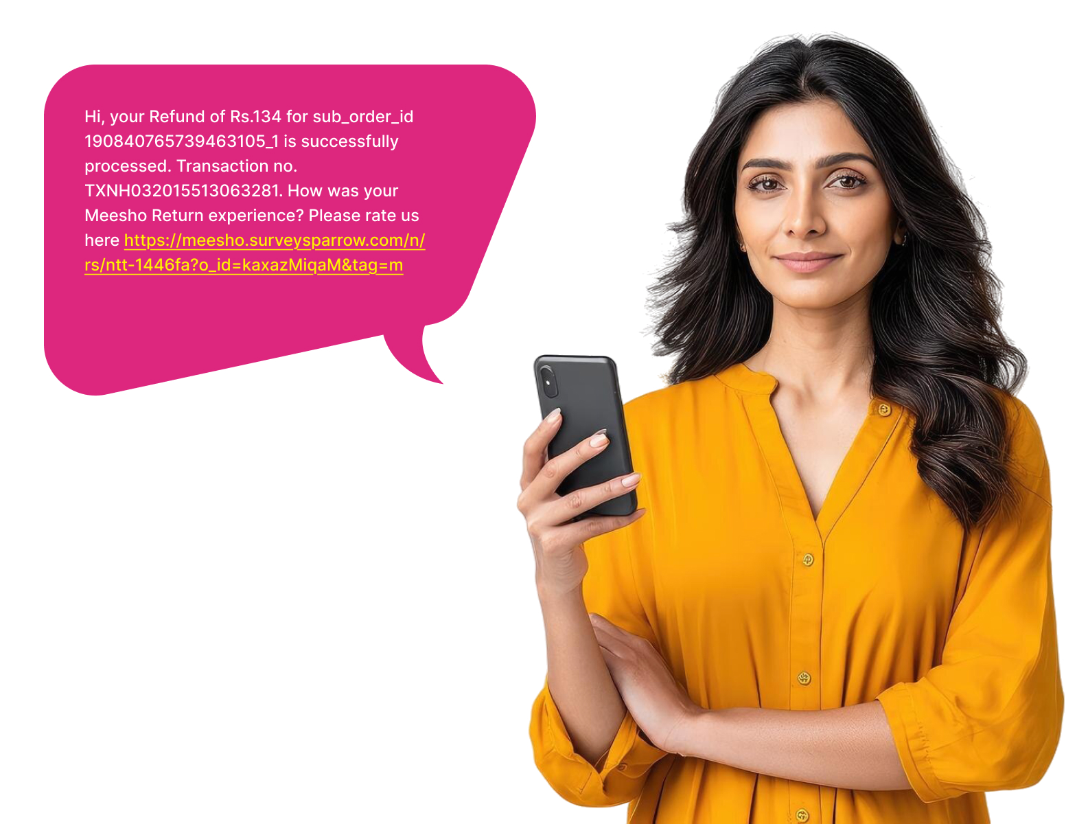 Customer reading a refund confirmation SMS on a smartphone